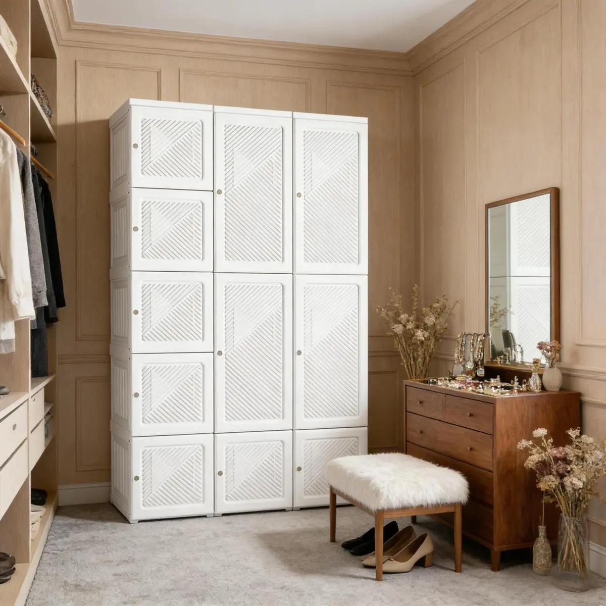 Portable Indoor Furniture Wardrobe - 41"w x 19.7"d x 67"h, 47.96 lbs, Anti-Tip Base, Assembly Required, Small Spaces Storage, Magnetic Doors, 4-Compartment Design with Drawers, Coat Hanging Rod, Durable Plastic, Convenient for Frequent Movers