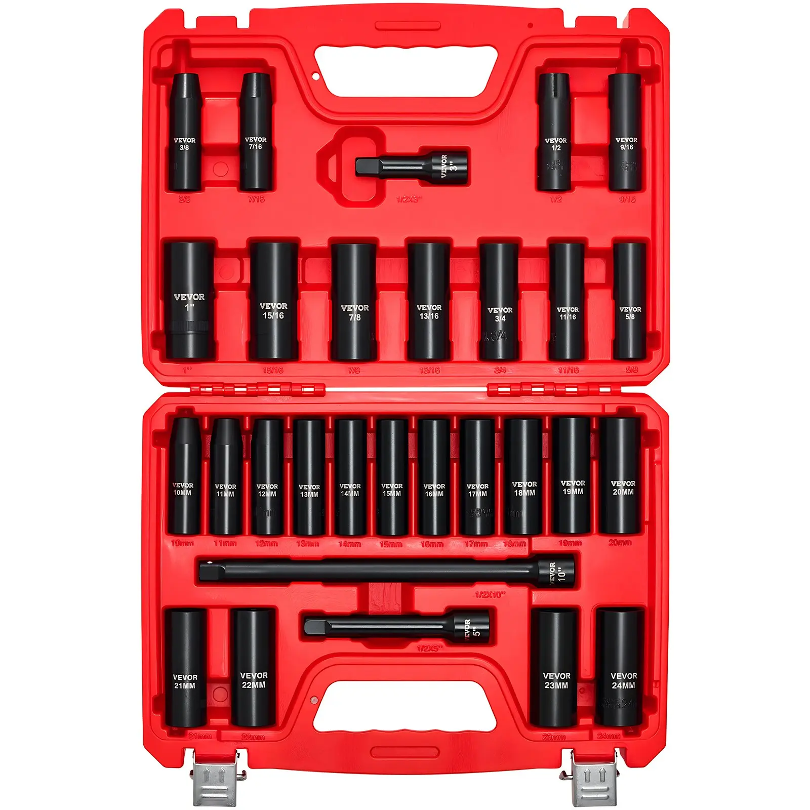 VEVOR 29-Piece Impact Socket Set, 1/2 in Drive 6-Point Cr-V Steel Deep Design, SAE (3/8-1 in) & Metric (10-24 mm) Sizes, 3/5/10 in Extension Bars, Precise Slots, Reinforced Latches, Portable Handle, Heavy Duty Case for High-Torque Jobs