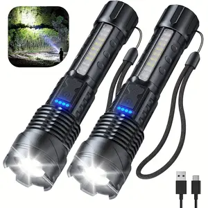 1pc/2pcs Multi-High Superbright USB C Rechargeable LED Tactical Flashlights, Total Of 5 Modes, COB Side Lights, Adjustable Focus, Suitable for Outdoor Adventure, Camping, Travel Emergency