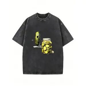 Dark Grey Short-Sleeve T-Shirt Made of 230G Washed Featuring a Humorous Pickle Graphic Print, Designed As a Casual Oversized Top for Everyday Streetwear During Summer Outings