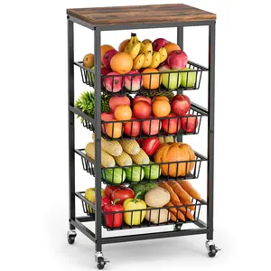 Fruit Vegetable Cart, 4-Tier Snack & Kitchen Cart on Wheels with Storage, Pull-Out Baskets & Wood Top, Rolling Organizer for Pantry, Living Room
