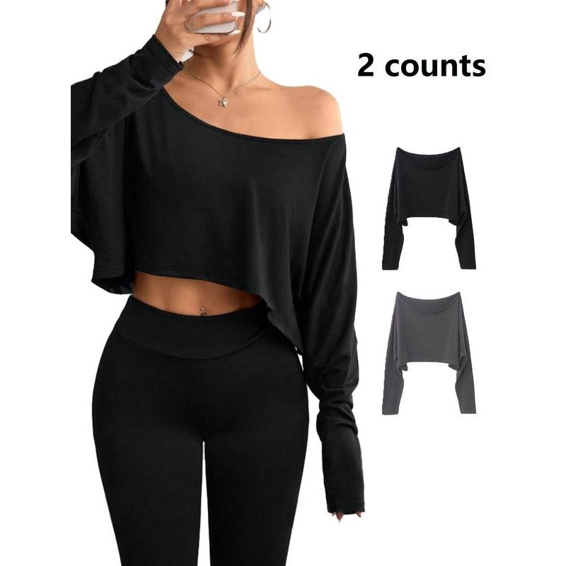 Women's Solid Off Shoulder Loose Tee, Casual Long Sleeve Crop Top for Daily Holiday Outdoor Wear, Everyday Ladies Clothes for All Seasons