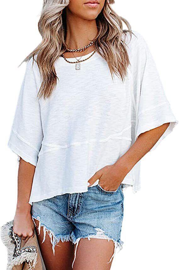 Women’s Summer Casual Crewneck Batwing Half Sleeve Top, Solid Color Loose Fit Flowy Basic T-Shirt Blouse for Everyday Wear