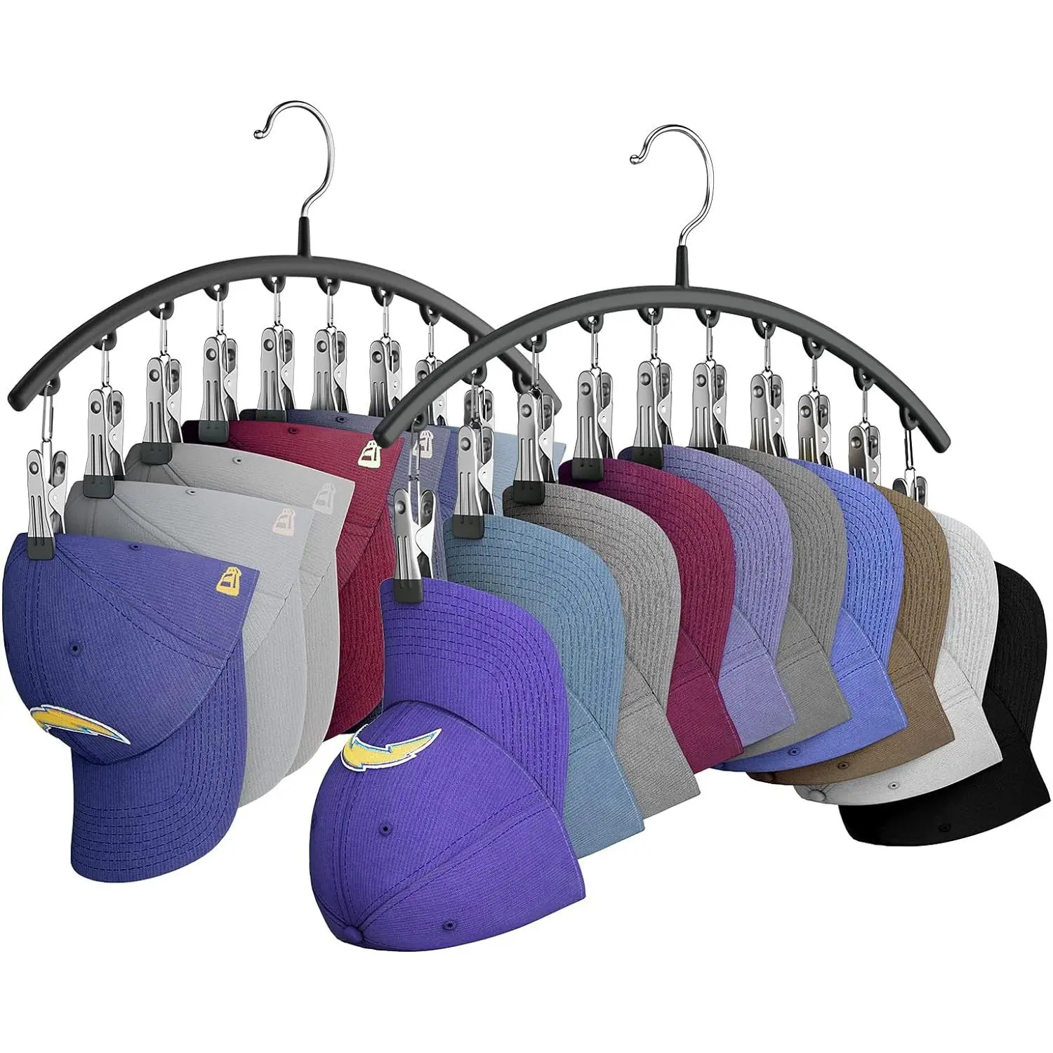 Hat Hangers for Closet, Metal Hat Organizer Racks for Baseball Caps 2 Pack Door Hat Racks for Baseball Caps with 10 Large Clips, Baseball Hat Holder for Closet Storage, Fits All Caps-Black
