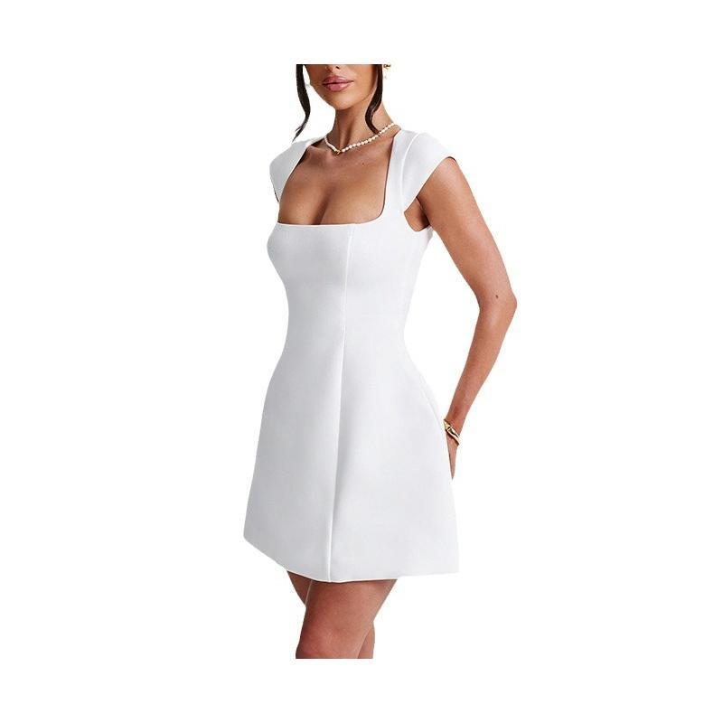 Women's T-neck Short Flutter Sleeve Waist-cinching A-line Elegant Dress Formal Womenswear Workwear Sleeveless Basic Black