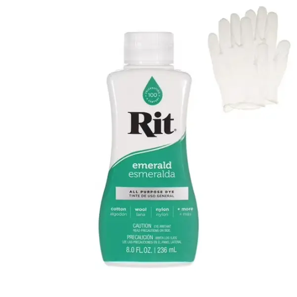 Rit Emerald 8 oz Liquid Fabric Dye for Clothing Décor & Crafts with Pair of Medium Latex-Free Vinyl Gloves