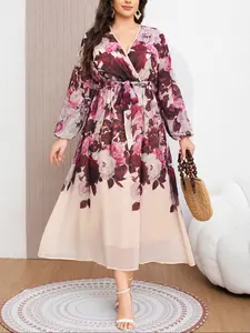 Women's High Waist Slimming Long Dress, Plus Size Dresses, Middle East Print Fashion for Spring Summer, Perfect for Dates Afternoon Tea Formal Occasions
