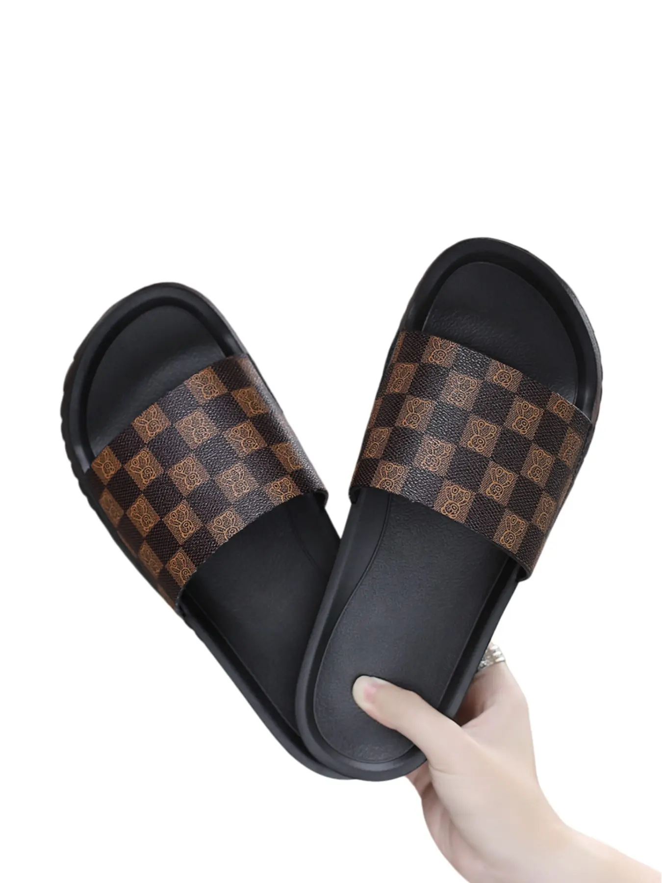 Men's Indoor Slippers, Home Slipper, Lightweight Summer New Design, Breathable, Flat Sole Rubber Durable, Casual Retro Checkered Pattern, Anti-Slip Quick-Dry, Sizes 39-47
