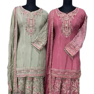 Heavy Embroidered Sharara Suit for Women - 3 Piece Sharara Suit in Pure Crepe Fabric with Kurti Style Shirt and Traditional Design - Dress Bridal Elegance Womenswear