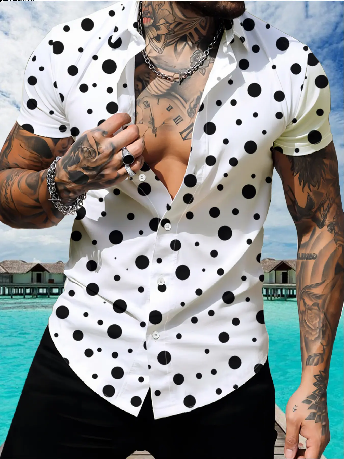 Men'S Casual Polka Dot Short Sleeve Button Front Collared Shirt | Breathable Loose Fit, Perfect for Weekend Casual, Summer Season, Casual Style Shirt, Casual Fashion Shirt