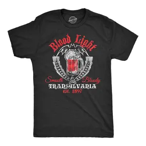 Mens Blood Light T Shirt Funny Halloween Beer Parody Vampire Tee for Guys Mens Funny T Shirts Cool Vintage Fashion T-Shirt Gift Classic Menswear Halloween Apparel for Men Funny Beer Short Sleeve Novelty Tees Black
