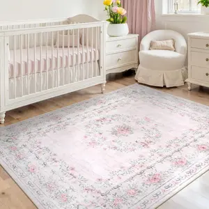 Lahome Floral Bow Area Rug Pink Washable Non Slip Soft Carpet for Bedroom Nursery Kids Room Dorm Living Room Boho Style