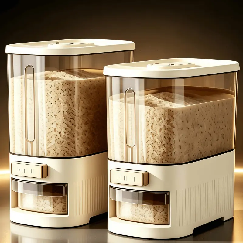 Large Capacity Airtight Rice Dispenser With Measuring Cup, Press Sealed Dustproof Grain Storage Bucket, One Hand Dispense Food Bin For Rice Coffee Beans Cereal Oats Pet Dry Food Kitchen Pantry Countertop Organizer 13.2lbs 24.2lbs Dual Size Container