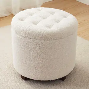 Home Decor Round Ottoman with Storage, Round Vanity Chair Stool Ottoman Pouf with Storage for Living Room and Bedroom, Boucle White