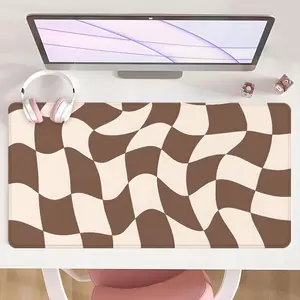 [Mouse Desk Pad] Non-Slip Mouse Pad Large Gaming Mouse Pad With Rubber Base & Stitched Edge Abstract Wavy Checkerboard Brown Beige Design Desk Top Protector Mat For Home Office Christmas Gift