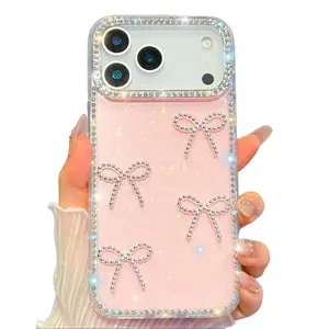 Suitable for iPhone 17 Pro Max diamond phone case, iPhone 16E bow case, 15 Pro protective hard case