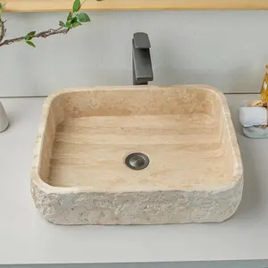 Bathroom Sink, Travertine Vessel Sink, Rectangular Bathroom Vessel Sink, Stone Sink, Above Counter Bathroom Sink, Farmhouse Style, 100% Stone Hand Carved, (Beige Travertine)