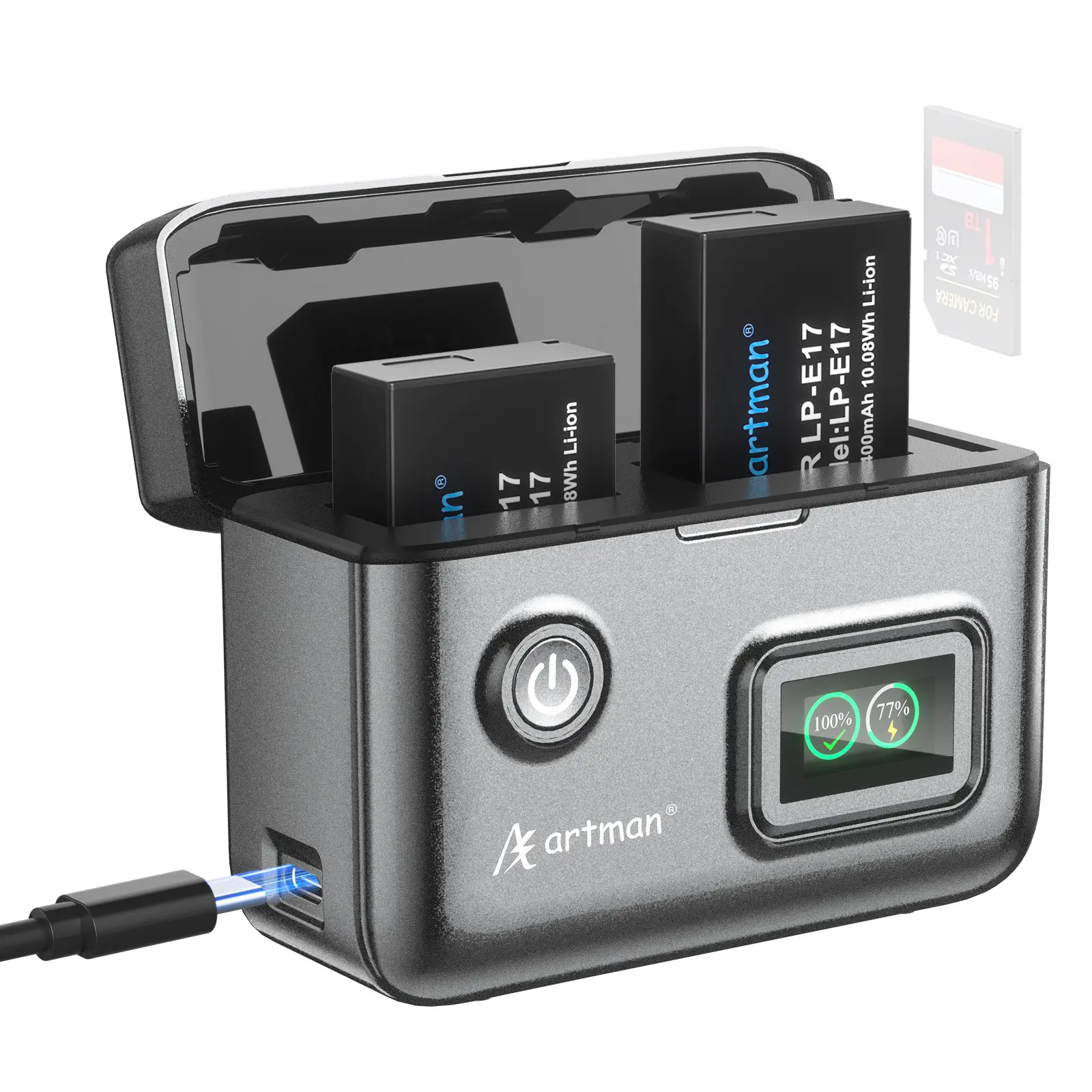 Artman LP-E17 Battery 1400mAh (2-Pack) and 1.5H 2-Slot LCD USB-C Fast Charger for Canon EOS R100 R50 RP R10 R8, Rebel T8i T7i T6i T6s SL2 SL3, M3 M5 M6, 77D 200D 250D 750D Camera,Smart Percent Display