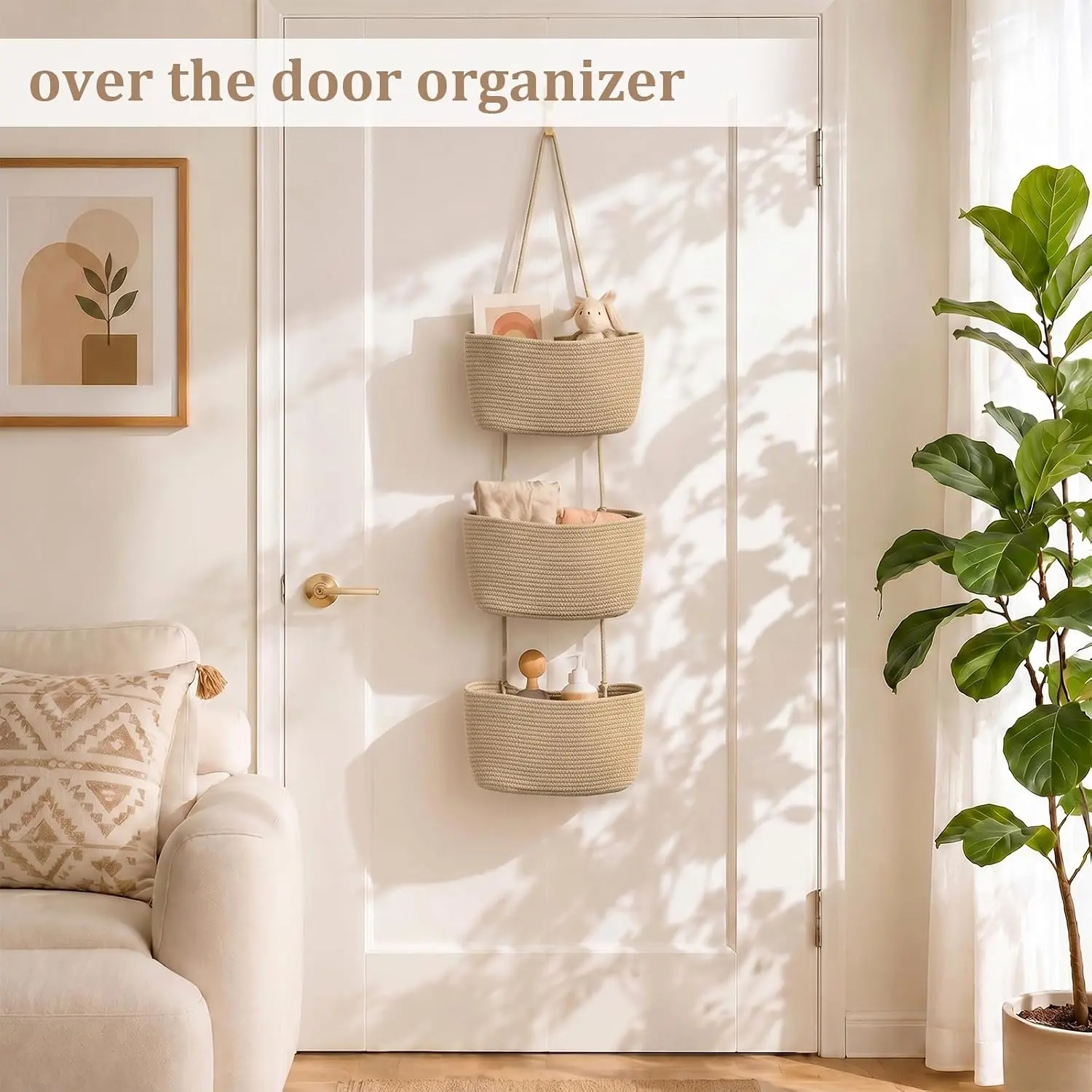 Over the Door Hanging Basket, 3-Tier Woven Cotton Wall-Mounted Storage Organizer Bag Decorative Hanging Nursery Baskets, Jute