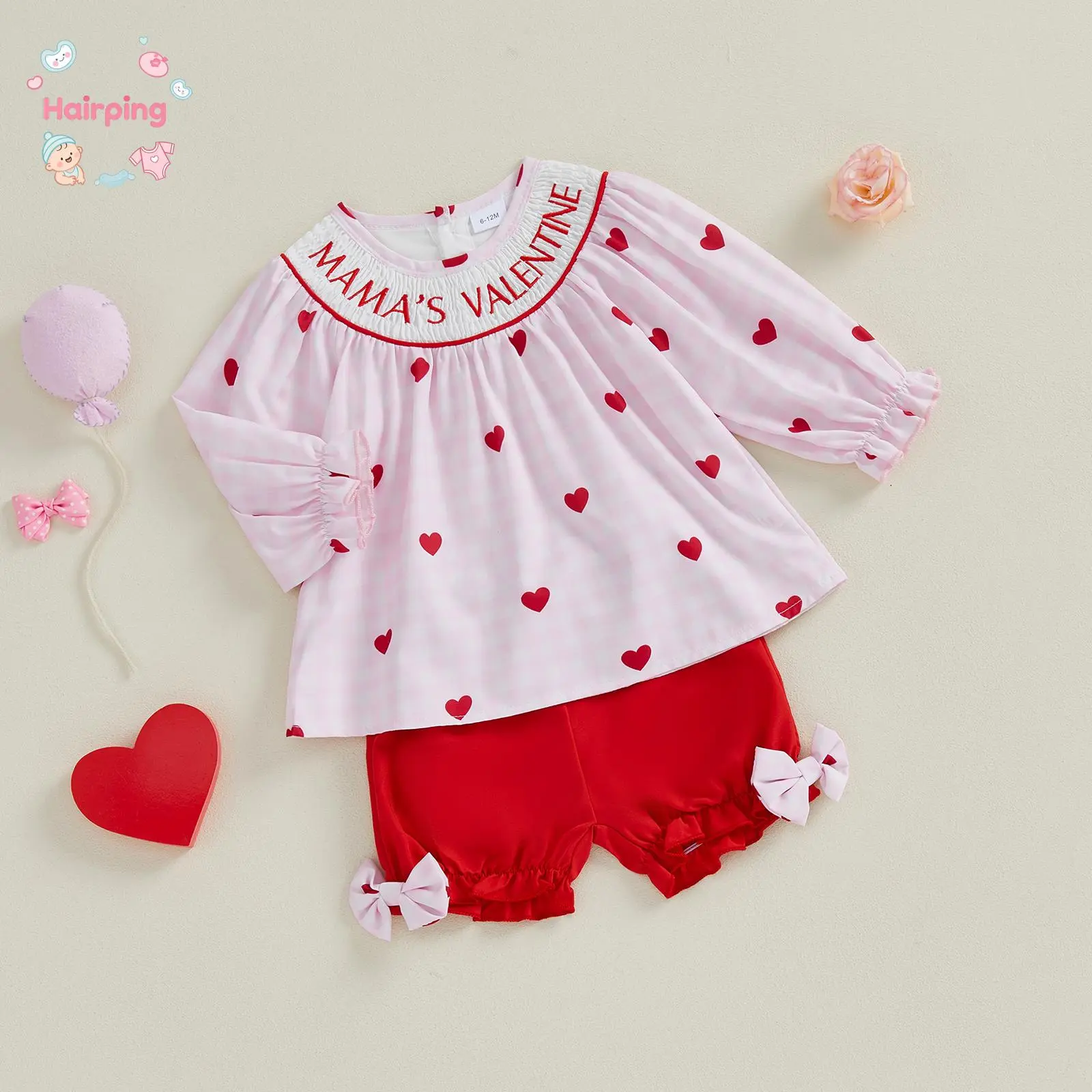 Toddler Girl 2-Piece Valentine's Day Gift Set - "Mama's Valentine" Heart Print Long Sleeve Top & Red Bow Shorts, Casual Holiday Outfit (6M-4T, 12-18 Months, 2-3 Years), Long Sleeve Tops