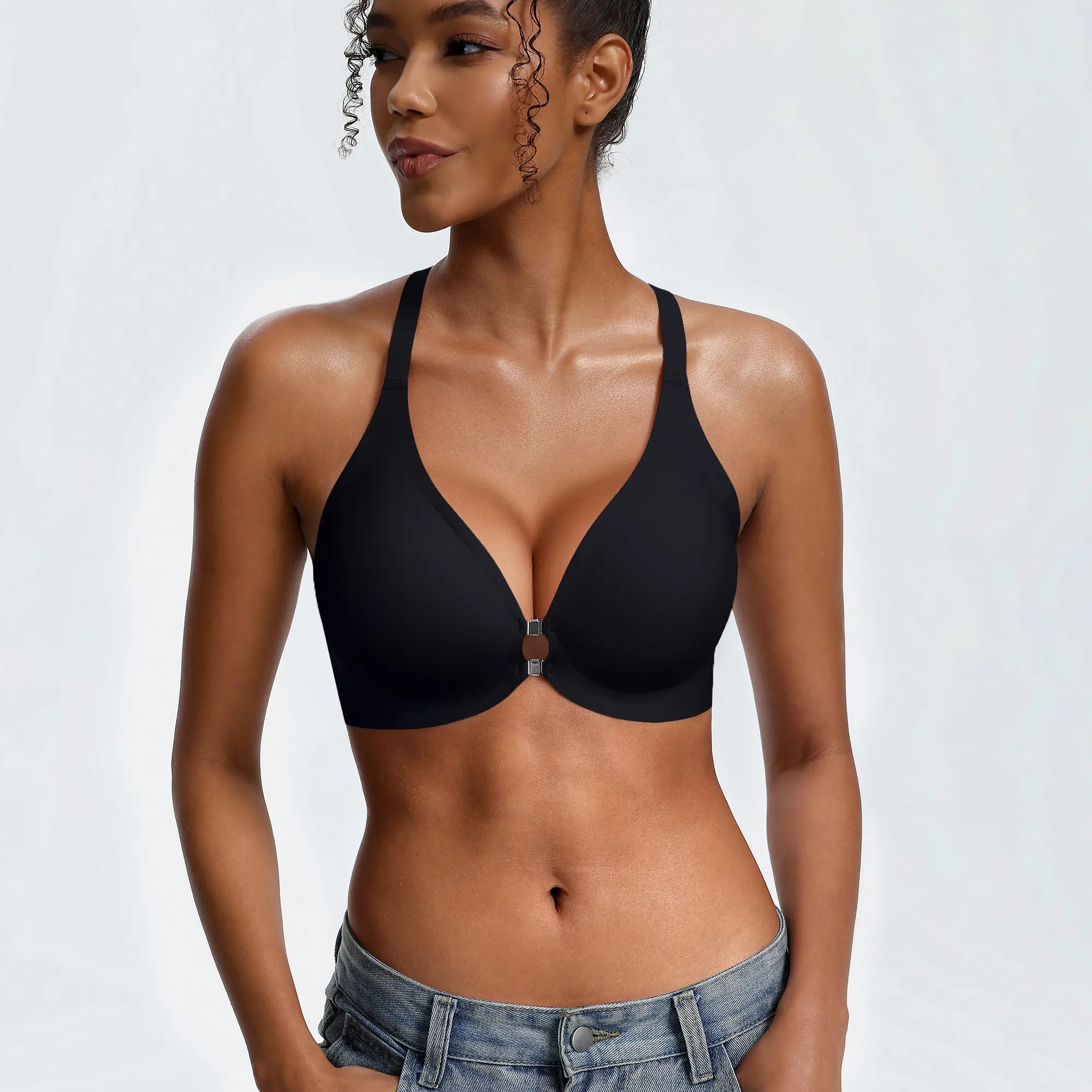 Showyoo Women's Front Closure Magnetic Clasp Jelly Bra - Bralettes Top Outfit, V-Neck, Solid, Full Cover, Seamless, 2-Way Strips, 360 Support, Wire-Free, Breathable Skin-Tone Fabric, Hand Wash, for Daily Wear & Light Exercise
