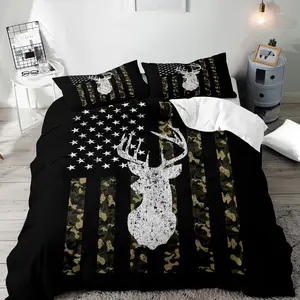American Flag Deer Pattern Bedding Set, 2/3 Counts Including 1 Duvet Cover & 1/2 Pillowcase, Soft Comfortable Bedding Set for Home Bedroom