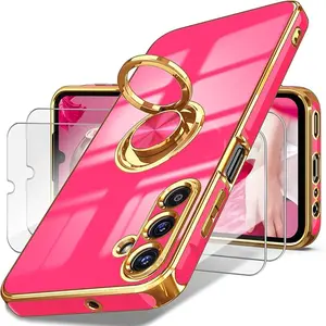 for Samsung Galaxy A15 5G Case, Screen Protector, 360° Rotatable Ring Holder Magnetic Kickstand,Plated Gold Edge Slim Soft TPU Protective Phone Cover for Galaxy A15 5G