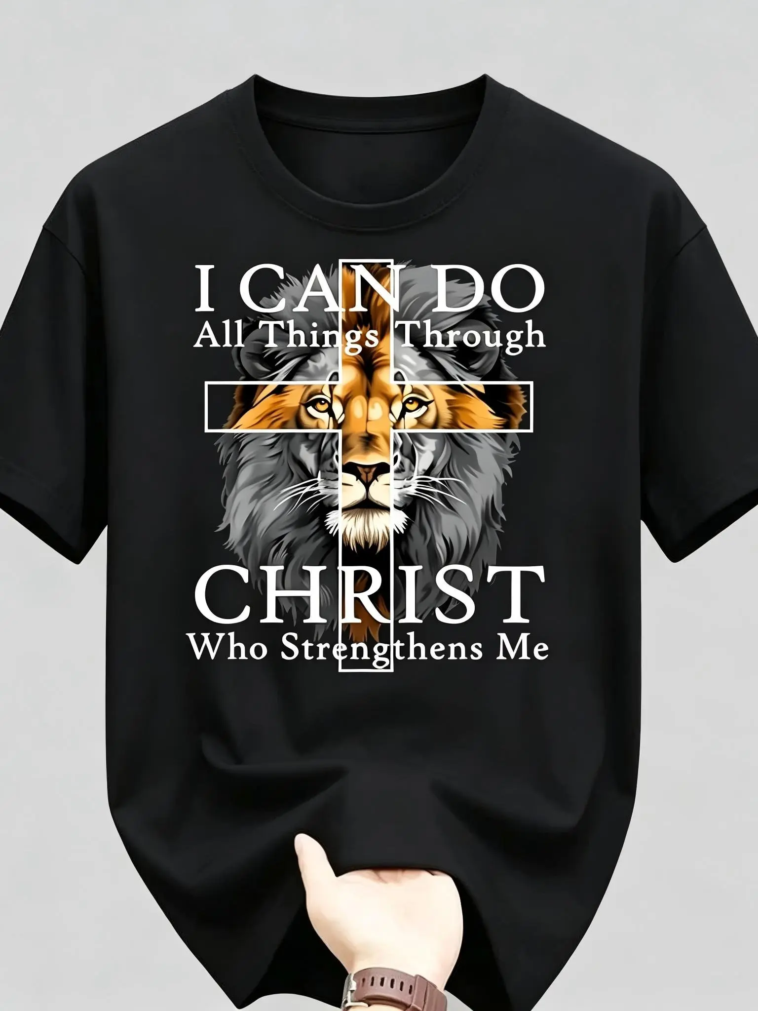 "I Can Do All Things Through Christ" Unisex T-Shirt - Lion of Judah Cross Graphic, Soft Cotton Crew Neck Short Sleeve, Comfortable All-Season Tee, Perfect for Everyday Casual & Believer Style, Summer Spring, Machine Washable