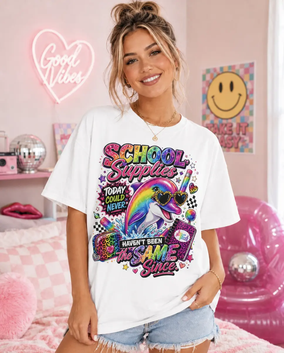 90s School Supplies Graphic Tee | Y2K Rainbow Dolphin | Comfort Colors Shirt | Millennial | Lisa Frank Inspired