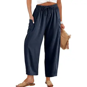 Womens Cotton Linen Pants Casual Loose Flowy Wide Leg Palazzo Harem Pants Drawstring Elastic Waist Lounge Trousers