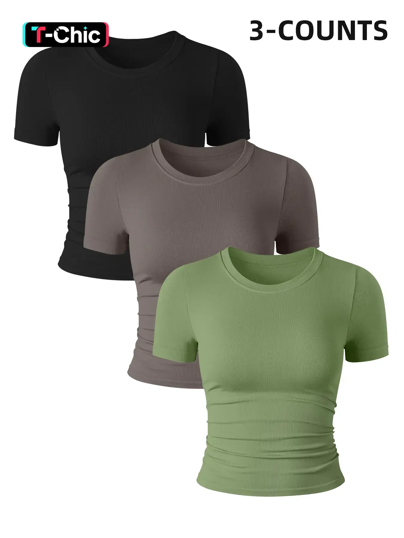 Women's 3-Pack Sporty Short Sleeve T-Shirts, Seamless Round Neck Yoga Tops, Gym Workout Tops, Gym Workout Tee, Fitness Exercise Wear, Fitness Apparel, Athletic Fitness Clothes, Tight-Fitting Woven Fabric, Ideal for Gym & Fitness Activities
