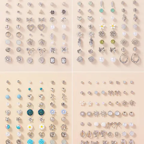 Women's Elegant Faux Pearl & Rhinestone Decor Stud & Hoop & Dangle Earrings, 30 Pairs Exquisite Flower & Bowknot & Heart Design Earrings, Chic Gorgeous Jewelry As Gift for Girlfriend for Party Decor, Valentine's Day Gift