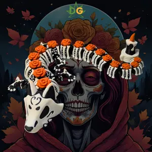 DG Articulated Calavera Dragon Day of the Dead Flexi Sculpture - Artistic Modern Home Decor Ornaments, Marigold Skeleton Wolf Folk Art with Orange Roses, Detailed Skulls