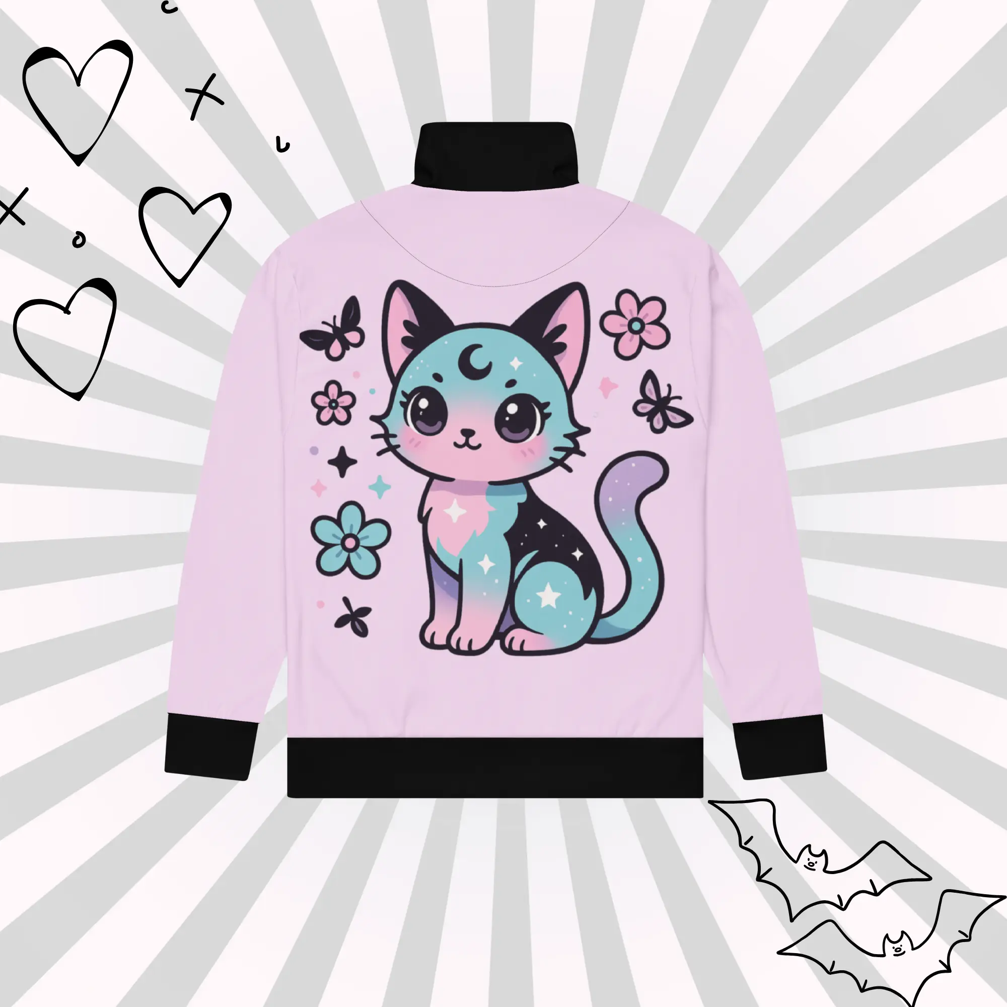 DreamSage Pink Cat Embroidered Track Jacket - Unisex Fit, 95% Recycled Polyester, Soft Cotton-Feel, GRS Certified, Weirdcore Pastel Grunge Y2K Goth Designs