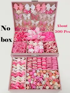 500pcs/Set Girls' Pink Bowknot Hair Clips, Cute Princess Hair Accessories Sets, High Elastic Durable Non-Damaging Hair Ties, Hair Bands, Rabbit Ear Hair Rings, Versatile Duck Clip Barrettes, Suitable For Daily Use