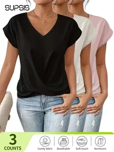 Women's Casual Basic Lady Top Short Sleeve Twist Knot Shirts Slim Fit V Neck Fitted T Shirt Everyday Tops Womenswear#summervibes#summeroutfit