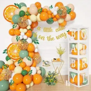 138pcs little cutie baby shower balloon boxes decorations baby block with letters orange balloon garland kit a little cutie is on the way banner willow leaves for fruit 1st birthday party decorations