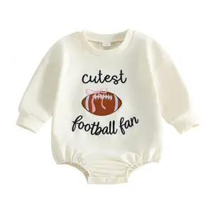 Newborn Infant Baby Girl Boy Football Fall Romper Letter Rugby Embroidered Crew Neck Long Sleeve Jumpsuit Onesie Bodysuit