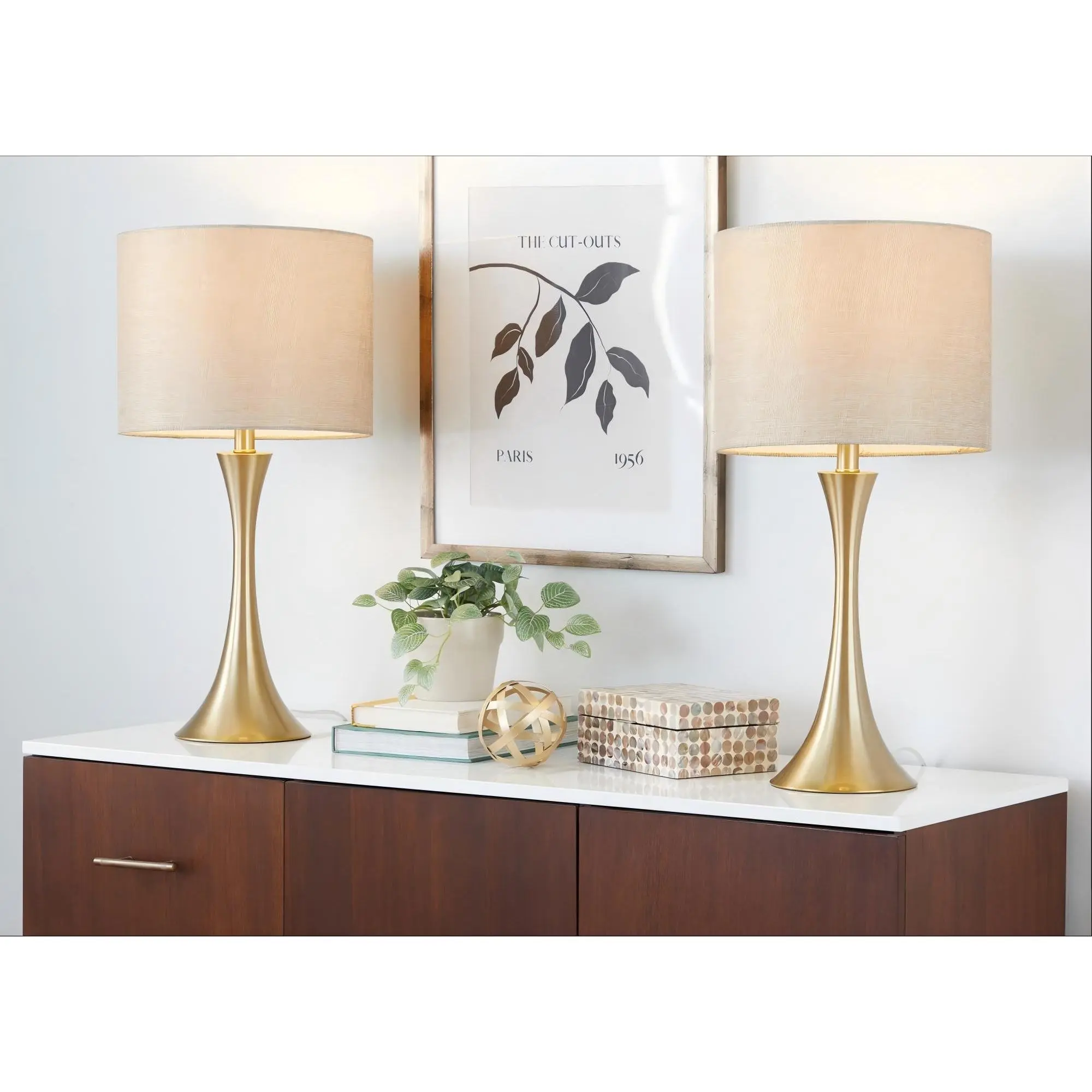 Set of 2 Gold Metal Table Lamps with Golden Metallic Linen Shades, 24" Contemporary Design