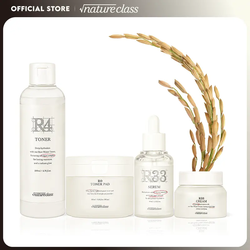 NATURECLASS Rice Perfect Moisturizing Bundle (Toner/Toner Pad / Serum / Moisturizer)- Daily Hydrating Korean Glowing Skincare Set, Rice Based Formula