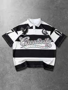 Men's Vintage Striped Rugby Polo Tee, Black & White with Rhinestone Lettering & Eagle Graphic, Casual Top for Urban Street Style