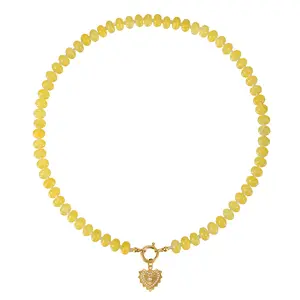 Yellow Beaded Necklace Natural Jade Heart Pendant Religious Bohemian Vacation Jewelry 18K Gold Plated Stainless Steel Dopamine Summer Carved Heart Vintage 2026 Trend Classic Anniversary Gift Daily Wear