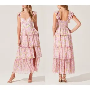 Women’s Floral Dress – Stylish Multi-Layer Ruffle Design, Cap Sleeves, Slit, Long A-Line Silhouette for Spring & Summer