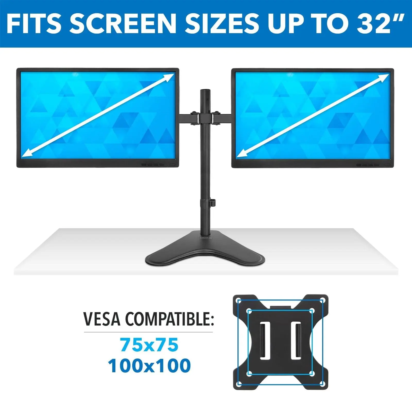 Mount-It! Dual Monitor Desk Mount for 2 Screens up to 32", Holds 17.6 lbs Each, Adjustable Monitor Stand with Freestanding or Grommet Base, Full Motion VESA Monitor Arm,
