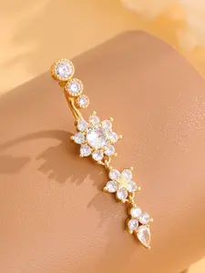 Women's Floral Dangle Navel Rings - Cubic Zirconia Sparkling Zircon Inlay Belly Button Piercing Jewelry Pink Silver Gold, Hypoallergenic Long Drop Belly Rings for Party & Daily Wear