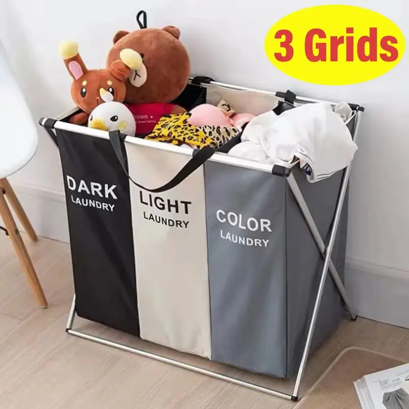 No-Plastic Oxford Rectangle 3-Section Divided Fabric Laundry Hamper with Pocket, Carry Handle, Detachable X-Frame Mesh Top, Functional Foldable Waterproof Clothes Organizer for Bathroom, Bedroom (Aluminum)