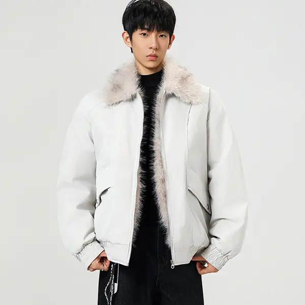 Men's Oversized Statement Faux Leather Coat with Faux Fur Trim - Longsleeves Plain Casual Menswear Top for Everyday Style Outfits, Tops, Coats, Piece, Christmas, Thanksgiving, Jacket, Minimalist, Everyday Outfits, Pockets, Pull-On