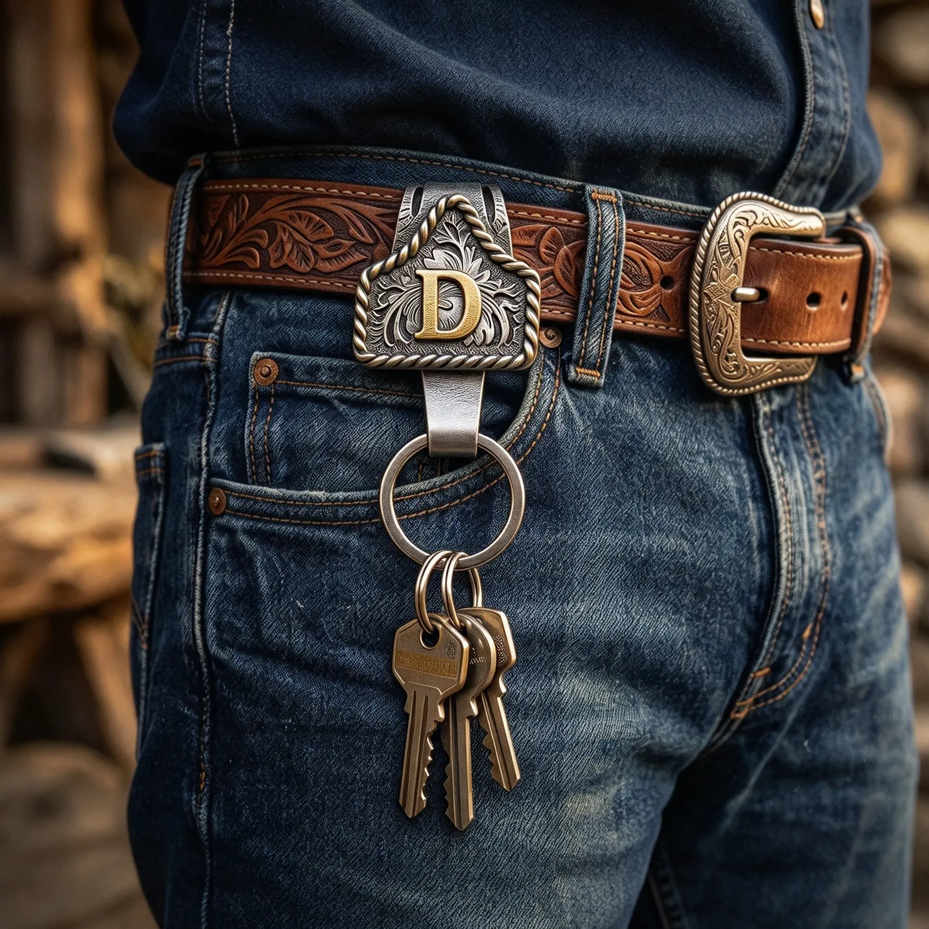 Handmade Cow Tag Belt Key Holder with Copper Initial – Custom Western Keychain for Men & Women, Personalized Boyfriend Keychain, Texas Inspired Cowboy Keychain, Fashion Birthday Gifts for BF