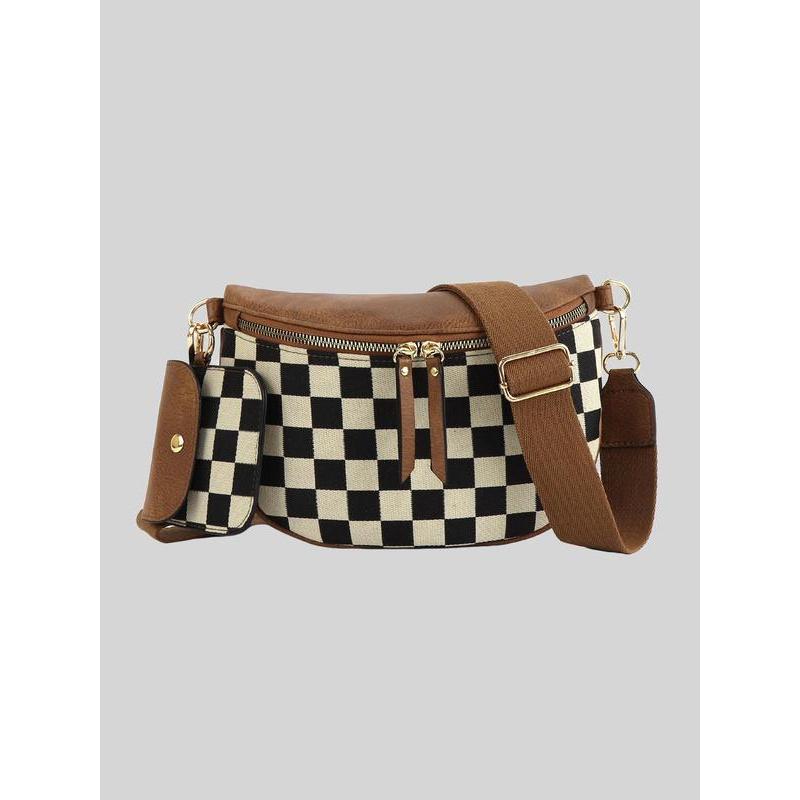 Women's Checked Pattern Crossbody Bag & Coin Puse, Fashionable Pu ...