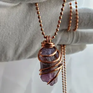 2.4mm Ball Chain Raw Amethyst Crystal Pendant Necklaces 24 Inches, Thick 14 Gauge Copper Wire Wrapped Jewelry - Protective, Intuitive, Soothing  [Made-to-Order]